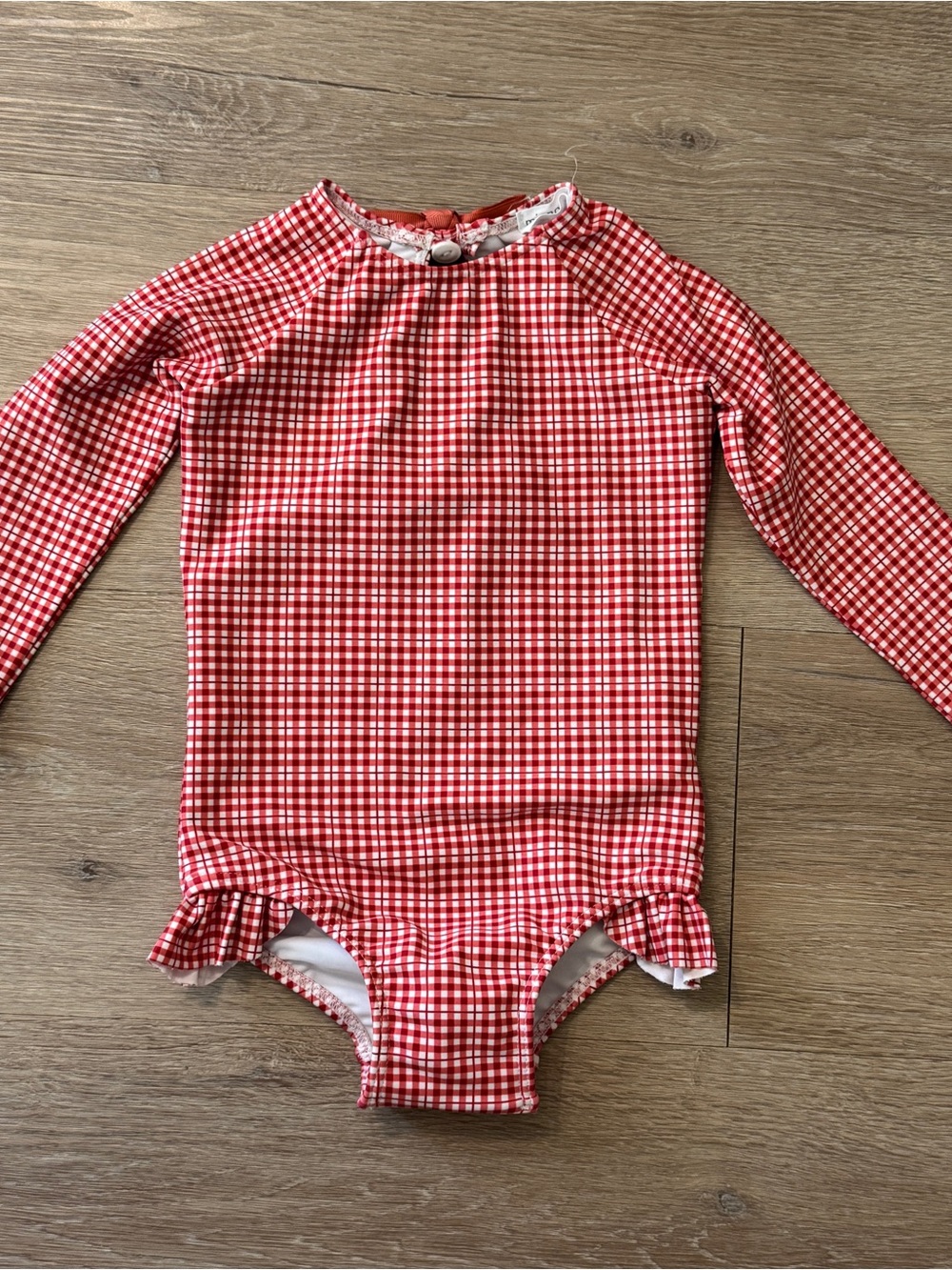 NWOT minnow Girls Red Gingham Long Sleeve Ruffle Swimsuit